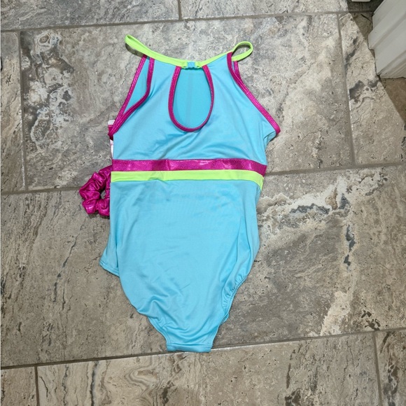 NWT size XLarge Justice high neck Leotard in Blue with pink and green det… - Picture 2 of 2
